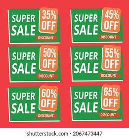 35,45,50,55,60,65 percent off. Discount for big sales. Red background with green and white