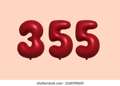 355 3d number balloon made of realistic metallic air balloon 3d rendering. 3D Red helium balloons for sale decoration Party Birthday, Celebrate anniversary, Wedding Holiday. Vector illustration