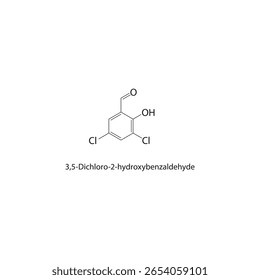 Estrutura esquelética de 3,5-Dicloro-2-hidroxibenzaldeído. ilustração esquemática do composto de aldeído halogêneo. Diagrama simples, fórmula química.