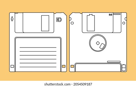 3,5-Inch Floppy Disk or Diskette. Vector Outline Illustration