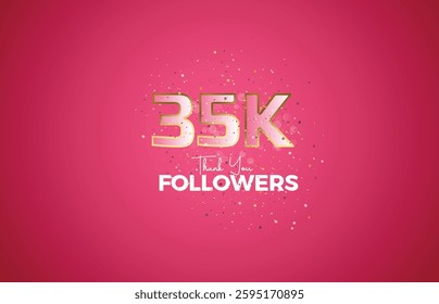 35K isolated on pink background with sparkling confetti, Thank you followers peoples, golden, Pink number 35K online social group, 36k