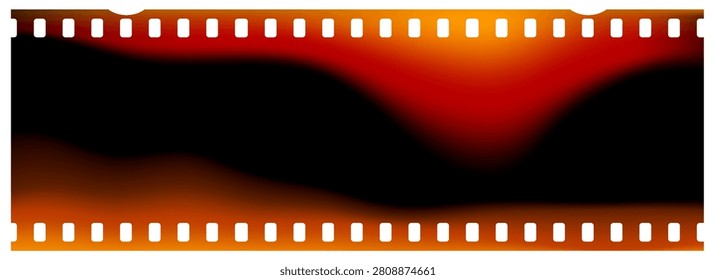 35mm film strip background vector. Retro camera negative with sprocket holes and abstract light leaks burn effect for vintage photo overlay texture.