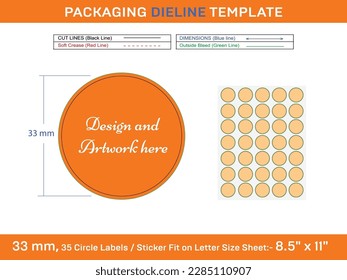 35pcs 34 mm CIRCLE or ROUND label sticker dieline template