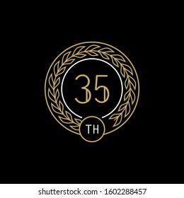 35st anniversary logo with gold and white frame and color. on black background