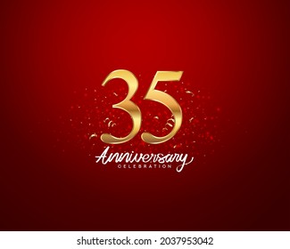 35th anniversary background with 3D number illustration golden numbers and Anniversary Celebration text with golden confetti on red background.