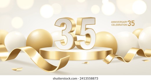 35th Anniversary celebration background. Golden 3D numbers on round podium with golden ribbons and balloons with bokeh lights in background.