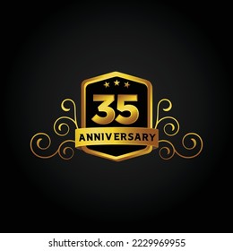 35th anniversary celebration background. Vector illustration, Beautiful greeting banner poster and golden logo with gold text word and gold number.