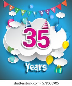 35th Anniversary Celebration Design, with clouds and balloons, confetti. Vector template elements for your, thirty five years birthday celebration party.