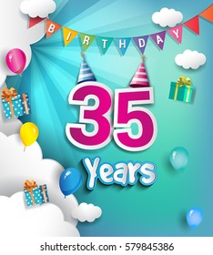 35th Anniversary Celebration Design, with clouds and balloons. using Paper Art Design Style, Vector template elements for your, thirty five years birthday celebration party.