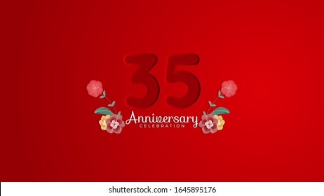 Celebración del 35° aniversario. Número de empotrador con fondo rojo degradado y decoración de flores. Diseño de fondo moderno y elegante, vector EPS 10. Puede ser usado para la compañía o la boda.