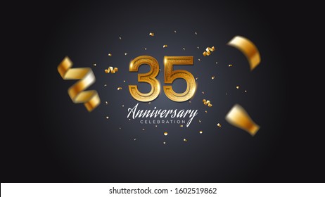 35th anniversary celebration Gold numbers with dotted halftone, shadow and sparkling confetti. modern elegant design with black background. for wedding party event decoration. Editable vector EPS 10