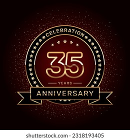 35th anniversary celebration logo design with a golden ring and ribbon, vector template