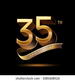 35th Anniversary celebration logotype colored with shiny gold, using ribbon and isolated on black background