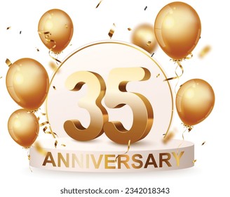 35th Anniversary celebration podium background with gold confetti and balloons