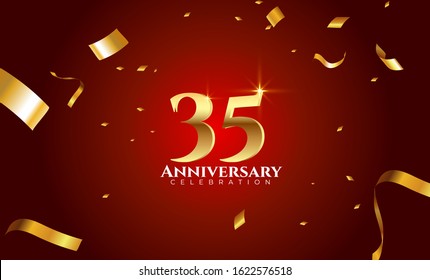 35th Anniversary celebration Vector background by using two colors in the design between gold and red, Golden number 35 with sparkling confetti Realistic 3d sign. Birthday or wedding party