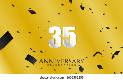 35th Anniversary celebration Vector background White paper art text and sparkling confetti on yellow Premium Vector for Birthday or wedding party