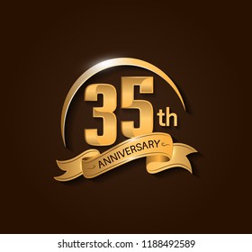 35th Anniversary design logotype. Anniversary logo design with swoosh and elegance golden ribbon. Vector template for use celebration, invitation card, and greeting card
