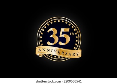 35th anniversary golden gold logo with gold ring and ribbon isolated on black background, vector design for celebration.