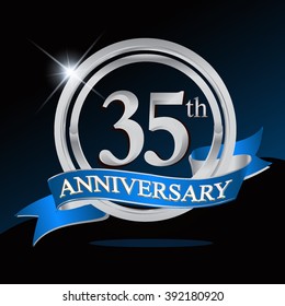 35th anniversary logo with blue ribbon and silver ring, vector template for birthday celebration.