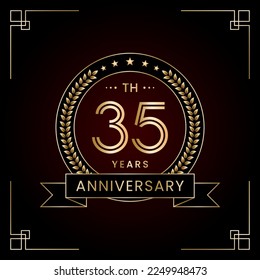 Diseño del logo del 35º aniversario con corona de Laurel para la celebración del cumpleaños. Diseño de arte de línea, plantilla de vectores de logotipos