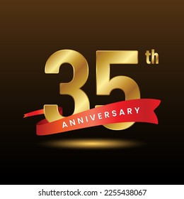 35th anniversary logo design with golden numbers and red ribbon. Logo Vector Template