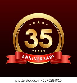 35th Anniversary logo design with golden ring and red ribbon. Logo Vector Template Illustration