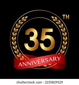 35th Anniversary. Anniversary Logo Design with Laurel Wreath and Red Ribbon for Celebration Event, Wedding, Invitation, Greeting Card. Logo Vector Illustration
