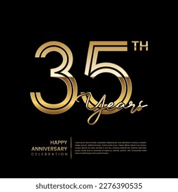 Logo del 35º aniversario con estilo de doble línea. Diseño de arte de la línea dorada. Plantilla de vectores de logotipos