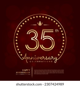 35th anniversary logo with double line number and golden text for birthday celebration event, invitation, banner poster, flyer, and greeting card, vector template