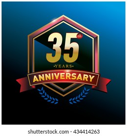 35th anniversary logo with gold ring and red ribbon. Anniversary signs illustration. Gold anniversary logo design and illustration