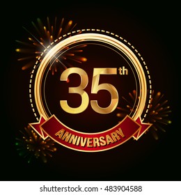 35th anniversary logo golden colored using ring, red ribbon, and fireworks background