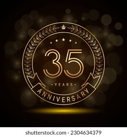 35th anniversary logo with golden laurel wreath and double line numbers, template design for anniversary celebration event, double line style vector design