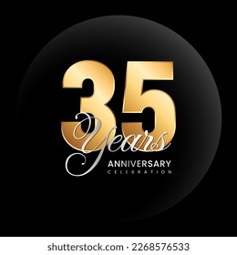 35th Anniversary logo. Golden number with silver color text. Logo Vector Template Illustration