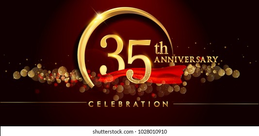 35th anniversary logo with golden ring, confetti and red ribbon isolated on elegant black background, sparkle, vector design for greeting card and invitation card