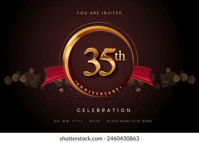 35th Anniversary Logo With Golden Ring And Red Ribbon Isolated on Elegant Background, Birthday Invitation Design And Greeting Card