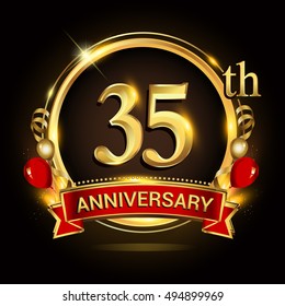 35th anniversary logo with golden ring,balloons and red ribbon. Vector design template elements for your birthday celebration.