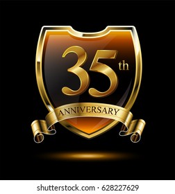 35th anniversary logo with golden shield and ribbon. Vector illustration celebration template