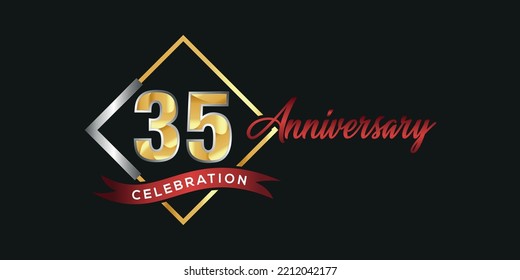 35th anniversary logo with golden and silver box, confetti and red ribbon isolated on elegant black background, vector design for greeting card and invitation card
