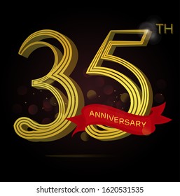 35th anniversary logo with Line motif and red ribbon isolated on elegant black background, vector design for celebration purpose