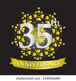 35th anniversary logo with silver and gold ribbon. Vector design template elements for your birthday celebration.