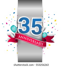 35th anniversary logo with silver label and red ribbon, balloons, confetti. thirty five Years birthday Celebration Design for party, and invitation card