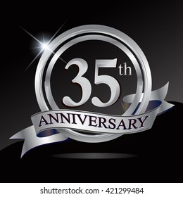 35th anniversary logo with silver ring and ribbon. Vector design template elements for your birthday celebration.