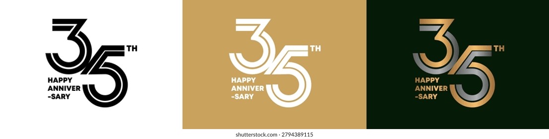 35th Anniversary logo style double line number. gold and silver color on white, green and yellow background for celebration event.