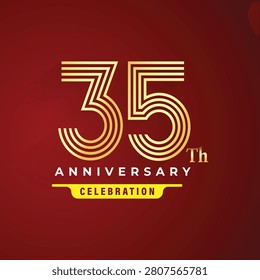 35th anniversary logo style with golden multi-line typography 35 years. Modern luxury vector linear template on dark red background for celebration event.