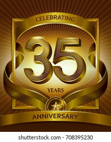 35th anniversary logo. Vector and illustration shiny gold ribbon