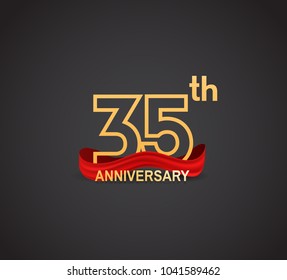 35th anniversary logotype design with line golden color and red ribbon for celebration isolated on dark background