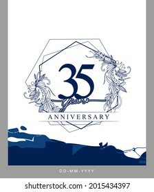 Logotipo del 35º Aniversario con fondo a mano color azul para celebración, boda, tarjeta de saludo e invitación.