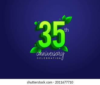 35th anniversary logotype with leaf and green colored, isolated on blue background.