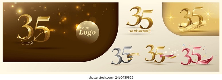 35th anniversary logotype modern gold number with shiny ribbon. alternative logo number Golden anniversary celebration