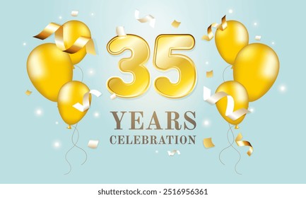 35th anniversary. On a celestial background, the golden numbers 35 with golden balls and streamers. Birthday celebration.